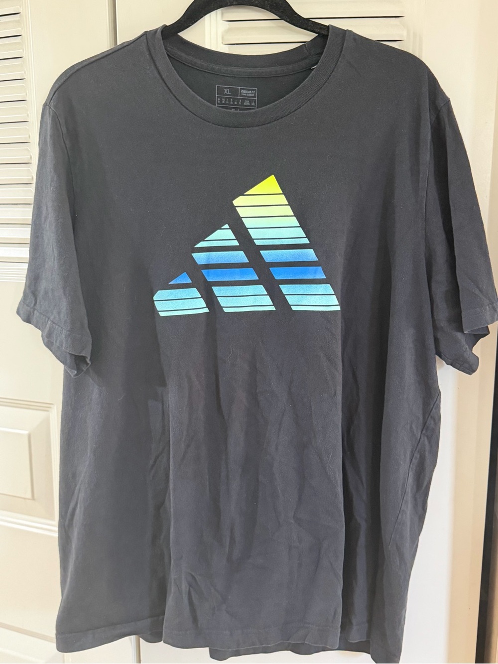 adidas Men’s Black Short-Sleeve Tee with Gradient Blue-Yellow Logo